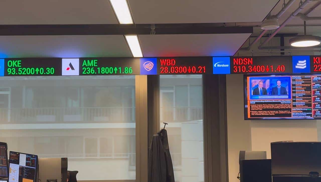 Close-up of the trading floor LED ticker at PIMCO 25 Baker Street showing company logo tiles, symbols and live price movements